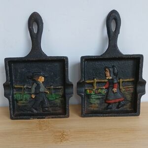 Vintage Cast Iron Mini Amish Couple Hand-painted Ashtrays